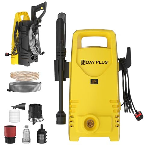 Idropulitrice Alta Pressione, 1500 W, Pressione Max. 120 Bar, Portata 500 l/h, Ugello regolabile 4 in 1, con Bottiglia di Sapone, Tubo da 7 m, Ideale per la Casa, Il Giardino e l'Auto, Giallo
