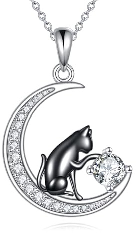 YAFEINI Halsband med svart katt, sterlingsilver, födelsestenshalsband, kattsmycke för kvinnor, Medium, Sterlingsilver, Ingen ädelsten