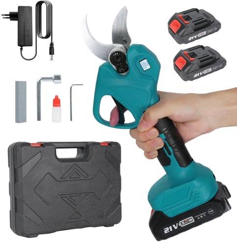 Forbici da potatura elettriche, 40 mm, con schermo LCD, batteria da 7500 mAh, due marce regolabili e motore brushless, per potatura giardino e alberi (con 2 batteria)