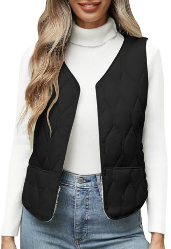 Yuson Girl Weste Damen Ärmellos Fleece Westen Kurze Herbst Winter Wärme Steppweste Leicht Einfarbig V-Ausschnitt Damenweste Bequem Weich Übergangsjack Casual Fleeceweste mit Knöpfen(Schwarz, XL)