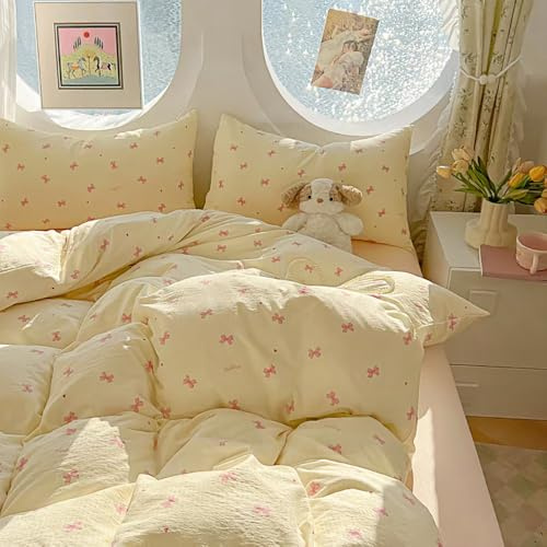 Nayoroom Bettwäsche 135x200 Schleifen Herzen Beige Rosa Schleifenmuster Aesthetic Bettwäsche Set Creme Herzchen Premium Gewaschene Microfaser Bettbezug und Kissenbezug 80x80 mit Reißverschluss