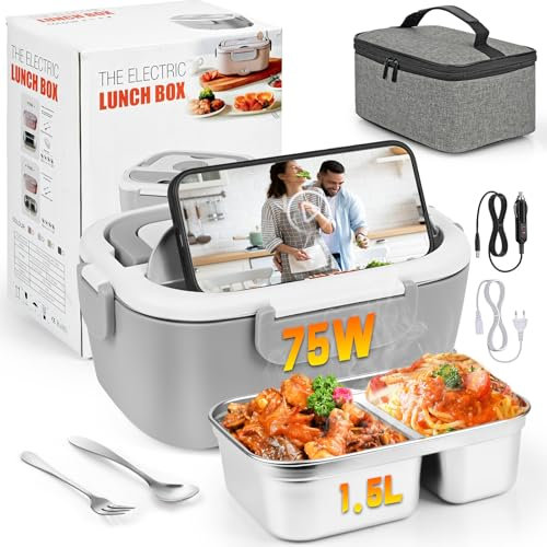 Carastek Scaldavivande Elettrico Portatile 75W Lunch Box 12V 24V 220V 1,5L Contenitore Elettrico Portavivande con Acciaio Inox Forchetta e Cucchiaio Scaldapranzo Portatile per Auto Casa