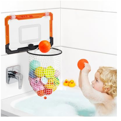 QPJ Baby Bath Toy Storage Organizer, Large Opening Mesh Bathtub Toy Storage for Tub, Bath Toy Holder for Quick Release of Toys for Bathroom, Basketball Hoop Design with Fun Bonus