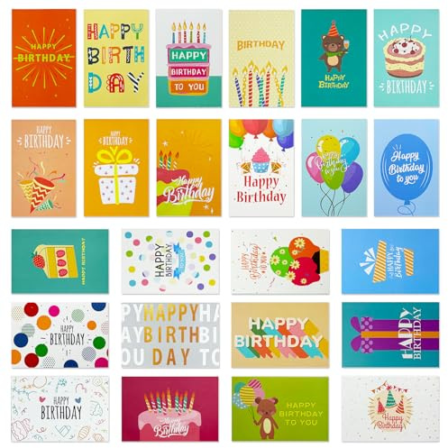 Zyluniy 24 Pezzi Biglietto di Auguri Compleanno, Biglietti di Vompleanno con Busta e Adesivi, Cartoline Biglietti Piegati Compleanno per Uomini, Donne, Bambini, Biglietti Auguri di Buon