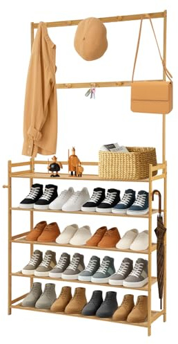 Trintion 1PC Garderobenständer 5 Ebenen mit Schuhablage und Haken | 5 Ebenen Garderobenständer – Multifunktionale Flurgarderobe mit Schuhablage, Haken und Sitzbank, für Eingang.