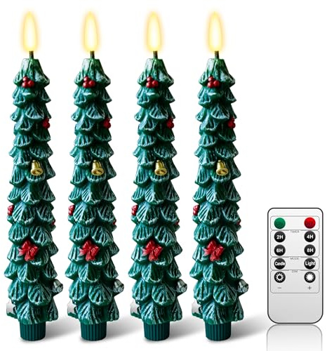 ZIVASA 4 Pack Flameless Christmas Tree Candles, 9.8 Inchs Christmas Taper Candles with Remote and 24H Cycle Timer, Real Wax Christmas Tree LED Candle 3D Flame for Tabletop, Windows, Fireplace Decor