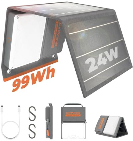 Lumopal Chargeur solaire portable 99,9 Wh, batterie externe équipée de panneaux solaires pliables de 24 W et lampe de camping LED réglable 600 lumens, 65 W PD USB-C, sortie USB A QC3.0 22 W pour