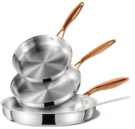 CAROTE 8+10 +12 Stainless Steel Frying Pan Set, Non-Toxic PTFE & PFOA Free Fry Pan & Omelet Pan, Oven Safe, Compatible with Induction, Ceramic, Gas Cooktops, Silver