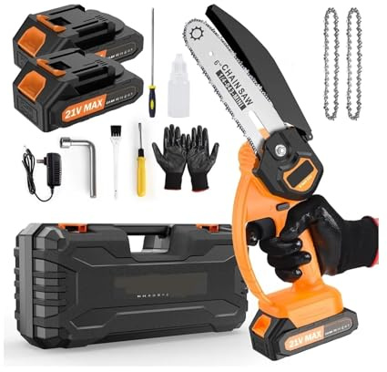 Scie à chaîne sans fil de 6 pouces, alimentée par batterie 21V/2Ah for l'élagage des branches avec 2 chaînes et batteries électriques portables
