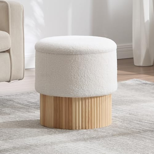 chairus Sitzhocker Rund Kunstfell Mit Stauraum Holzbeine 40×40×42cm Weiß | Kunstfell-Bezug, runde Form, mit Stauraum, Holzbeine, 40x40x42cm, Polsterhocker, Pouf, für Wohnzimmer, Flur