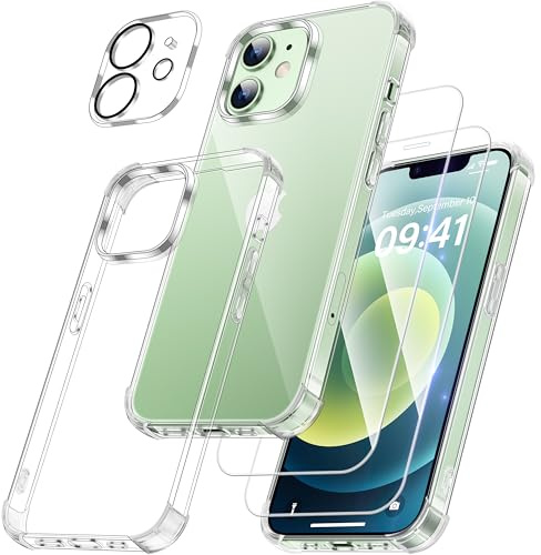 FLLAO 4 en 1 Funda para iPhone 12 Mini con 2 Protector Pantalla y 1 Protector Lente Cámara, [Almohadilla de Aire integrada] Antigolpes Antiarañazos Carcasa 5,4 Pulgadas, Transparente