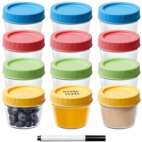 Babybrei Einfrieren Behalter, 12 Stück Babynahrung Aufbewahrung aus Glas 120 ml mit luftdichten Deckeln BPA frei ideal als Beikost Einfrieren Behalter und praktische Losung zur Vorratshaltung