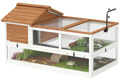 PawHut Schildkrötenhaus aus Holz Schildkrötengehege mit Zwei Haupthäusern aufklappbarem Oberseite Lampenhalter, Outdoor Reptilienkäfig Terrarium für Schildkröten Reptilien 116 x 70,5 x 69,5cm Orange