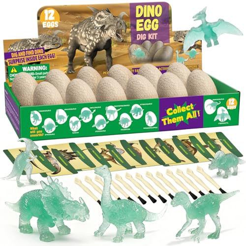 Dinosaur Egg Excavation Dig Kit for Kids - 12Pack Easter Basket Stuffers, Glow in The Dark Dino Easter Eggs, Dinosaur Toys Easter Gift for 3 4 5 6 7 8 Year Old