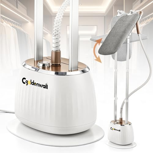 CGOLDENWALL Vertikaler Dampfglätter 1350W mit Doppelstange, 1.6L Tank, 10 Dampfstufen, 3-in-1 Bügelwinkel (Flach/Schräg/Hängend), Höhenverstellbar 99-165cm, inkl. Bügelbrett & Handschuh