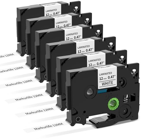 Markurlife 6er Pack TZe-231 Kompatibel mit Brother P-Touch Schriftband 12mm,Schwarz auf Weiß TZ Tape 12mm 0.47 White für Brother P-Touch PT H107B H100LB H110 D210 E100 D600 1000