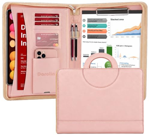 Darolin Zippered Leather Padfolio Portfolio with [Hidden Handle] and [Clipboard], Business Conference Portfolio Organizer Notepad Folder, Padfolio for Women/Men (Rosegold)