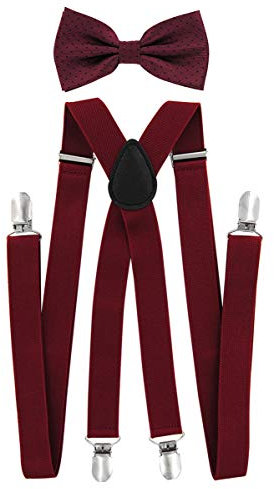 axy Herren Hosenträger mit Fliege im 2er Set - 4 Stabile Clips -X-Form (Weinrot Hosenträger+Weinrot mit Schwarze Punkten Fliege)