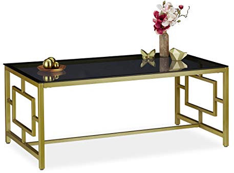 Relaxdays Couchtisch, schwarze Glasplatte, robustes Metallgestell, Wohnzimmertisch, HxBxT 45 x 110 x 60 cm, schwarz-gold