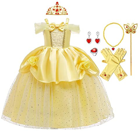 MYRISAM Filles Princesse Belle Robe de Carnaval Hors Épaule Costume de la Beauté et la Bête Halloween Cosplay Fancy Dress up Déguisements Cosplay Cérémonie Anniversaire avec Accessoires 7-8
