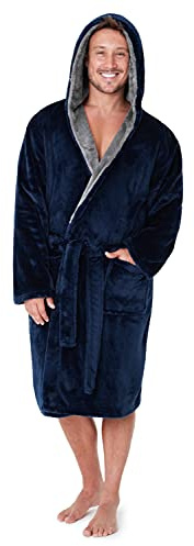 CityComfort Peignoir Homme, Robe De Chambre à Capuche Noir ou Gris, Peignoir Chaud en Polaire Coupe Élégante pour Confort Hiver Ultra Doux, Cadeau Homme (Navy, M)