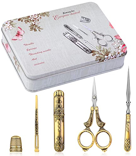 BUTUZE Embroidery Scissors Kit,European Antique Vintage Sewing Kit,Complete Vintage Sewing Tools with Embroidery Scissors,Original Case,Sewing Needle Case,Awl for Sewing,Craft,Needlework
