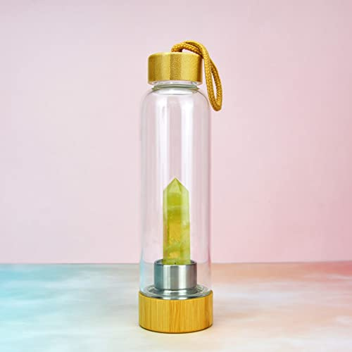 BiiKoon Crystal Infused Water Bottle Healing Natural Gemstone Energy Stone Water Cup with Bamboo Cover Removable Amethyst Gravel Quartz Glass Bottles (Color : Citrine, Size : 500ml)