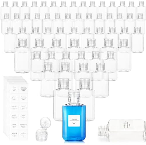 Pumtus 60 Pack Plastic Refillable Flip-Top Bottles, 60ml Clear Empty Travel Hand Sanitizer with Flip Cap, Portable Small Liquid Squeeze Container for Shampoo, Lotions, Liquid Body Soap, Creams