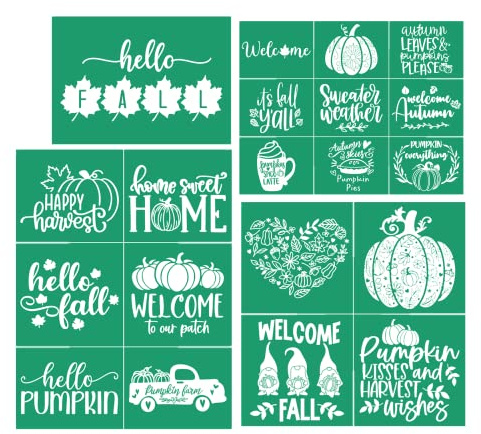 JAJADO Fall Silk Screen Stencil 4pcs, Autumn Leaves Farmhouse Pumpkins Bundle Chalk Paste Adhsive Stencils Reusable Screen Print Transfers for Crafts on Wood, Fabric, Pillow, Cup, DIY Home Decor