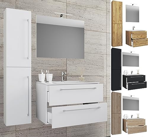 VCM 4-TLG. Waschplatz Waschtisch, Waschbecken Unterschrank Breite 80 cm, Badmöbel Set mit Schubladen Drehtüren Spiegel, Badinos