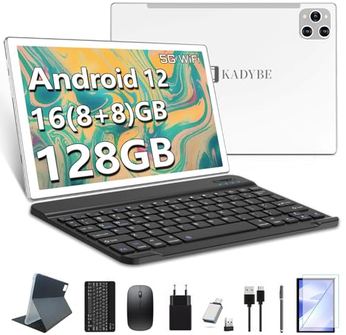 KADBYE 2024 Nuovo Tablet 10 pollici,Android 12 Tablet con tastiera,16GB RAM+128GB ROM (TF 1TB), 2.4GHZ+5G WiFi,2.0GHz/Octa-Core con mouse e penna,5MP/13MP HD Camera,GPS/GMS/7000mAh, Silver