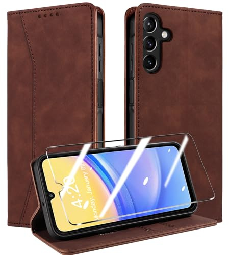 QHOHQ Handyhülle für Samsung Galaxy A15 4G/5G Hülle mit Panzer Folie, Premium Leder Schutzhülle, [RFID Sperrung Schutz], Magnet Klappbar Flip Case Tasche, Multifunktional, Stoßfest (Traum)-Kaffee