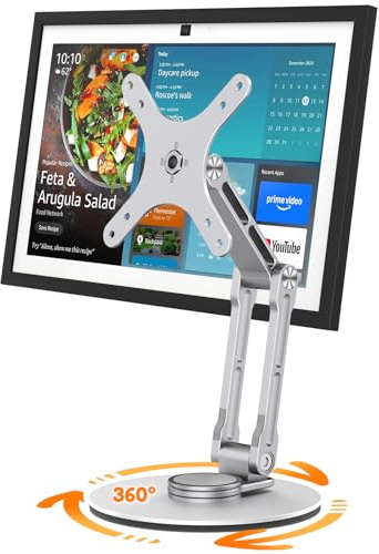YCNEW Swivel and Tilt Stand for Echo Show 15 (Gen 1, Gen 2), Portable Monitor Stand, Adjustable Angle and Height with 360° Rotation Bases, Switching Between Landscape and Portrait Screens (Silver)