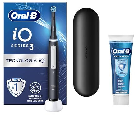 Oral-B Spazzolino Elettrico Ricaricabile iO 3 Nero, 1 Testina Di Ricambio, 1 Custodia Da Viaggio. + Dentifricio Oral-B Pro Expert Protezione Professionale 75ml. 1 Spazzolino