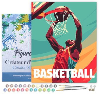 Figured'Art Peinture par Numéro Adulte avec Cadre Affiche sportive Basket - Activité Manuelle Kit de Loisir Créatif DIY Numéro d'Art Complet - 40x50cm toile tendue sur châssis