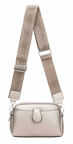 ITALYSHOP24 Damen Tasche Crossbody Umhängetasche Bodybag Schultertasche Metallic Handytasche Crossover Kunstleder Handtasche Reise Bronze