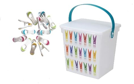 eMKay® Plastic 5Lt Peg Design Pegs Storage Box Container Caddy with Lid & Handle (Turquoise Handle With 12 SOFT GRIP PEGS)