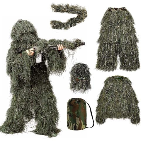 LLNTOU Ghillie Suit 5 in 1, Ghillie Suit for Men/Kids/Women, 3D Camouflage Hunting Apparel Including Jacket, Pants, Hood, Carry Bag, Gift for Hunter, Halloween Costumes（Youth）