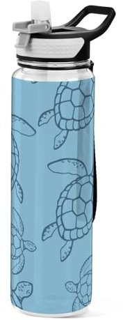 Mnsruu Transparente Sport-Wasserflasche mit Strohhalm, auslaufsichere Trinkflasche, blaues Meeresschildkröte, Fahrradflaschen für Sport, Büro, Schule, BPA-freier Tritan-Kunststoff, 1 Liter