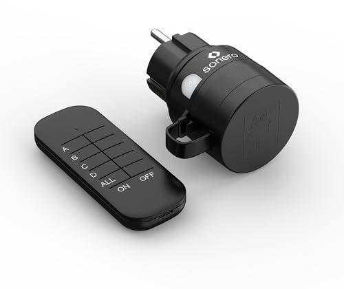 sonero prese radiocomandate con telecomando, set da esterno, 2300 Watt, 230V, 1 x presa con radiocomando, IP44, portata 30m, risparmio energetico, nero