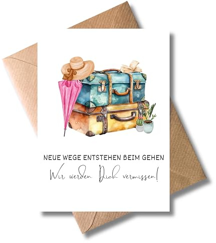 WBdesignz Abschied Karte mit Umschlag - Abschiedsgruß für Kollegen mit Spruch Urlaubskoffer Zimmerpflanzen Strohhut Abschiedsgeschenk Glückwunsch zum Neuanfang Jobwechsel (DIN A6)