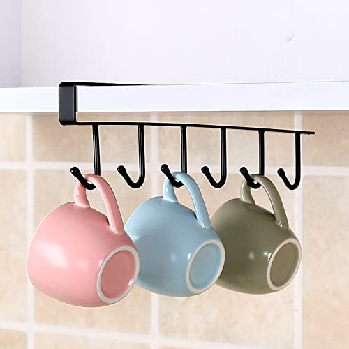 Gouccpu Under Cupboard Storage Hook,Mug Holders,Cabinet Hanging Cup Holder with 6 Hooks,Drilling Free Kitchen Utensil Storage Organizer Hook Rack,Wardrobe Hooks,Black (1 Pack)
