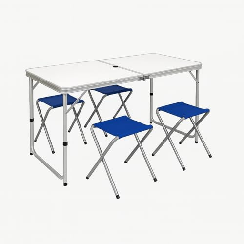 PALUPLUS Set Tavolo Campeggio in Alluminio con 4 Sgabelli Blu, Misura Tavolino 120x60x71 cm, Design Pieghevole a Valigetta con Maniglia, Foro per Ombrellone, per picnic, gita -8095F