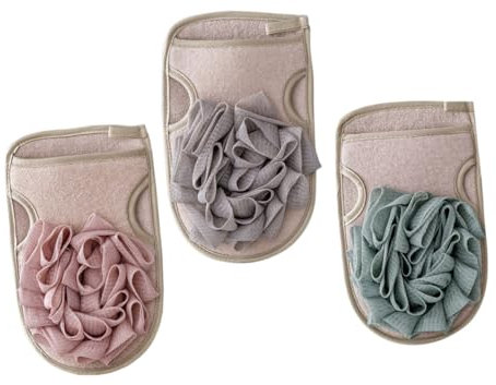 VICASKY 3pcs Double-sided Exfoliating Bath Sponge Mitts, Soft Body Shower Gloves for Home Use, Practical Bath Towel Gloves Set in Green, Light Brown and Pink, Suitable for Daily Skin Cleansing