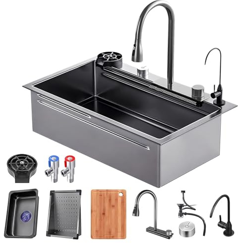 AIVANOTO Fregadero de cocina con cascada de 85 x 50 cm, negro, XL, grande, rectangular, acero inoxidable, con sifón, desagüe, fregadero de cocina, 1 lavabo de cocina, a ras de superficie