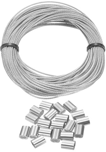 sourcing map 304 Stainless Steel Cable Wire Rope Kit 50FT (15M) Long 3/64 (1.2mm) Dia 7x7 Strand Core with 20pcs Loop Sleeve for Deck Railing System Outdoor Hanging Kit Garden Fence