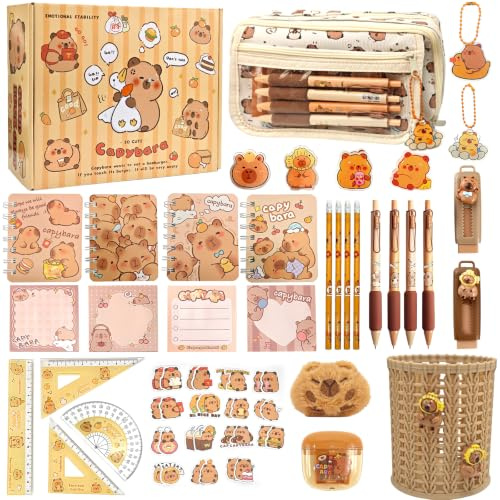 Ronronner 72 stycken Capybara skrivmaterialsset, Capybara pennfodral med pennhållare, pennfodral, häften och skrivmaterial – presentset för skola, kontor och konst för pojkar och flickor