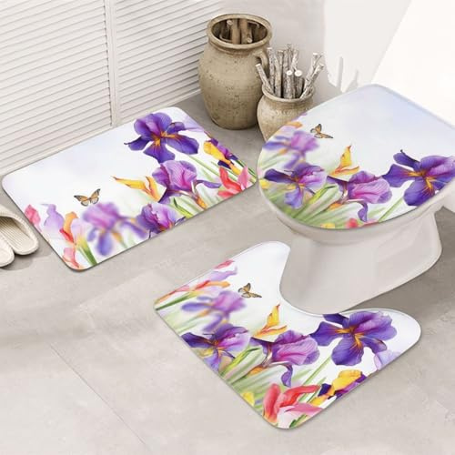 Bathroom Mat Sets 3 Piece Iris Flower Butterfly U Shape Wc Toilet Rug Machine Washable Anti Slip U-Shaped Contour Mats, For Floor Tub, Bedroom, Outdoor
