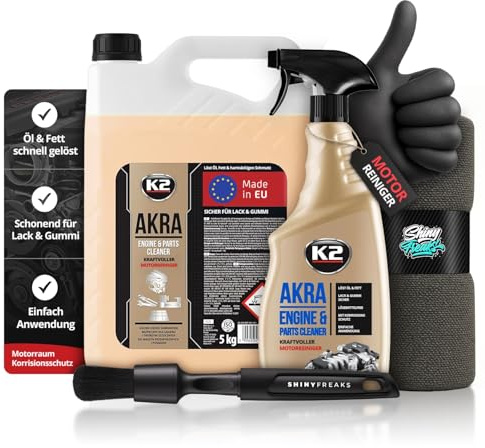 Motorreiniger & Kaltreiniger Set: K2 AKRA (5L + 770ml) + Zubehör – Werkstattreiniger für Motor, Fahrzeugteile, Werkzeuge & Böden | 4-teilig