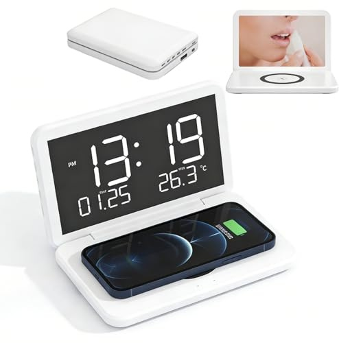 Ouitble Digitaler Wecker mit Kabelloser Ladestation für Smartphones 15W Faltbares LED Digitalwecker mit Datum und Raumtemperatur Dimmbares LED-Spiegel Anzeige für Reisen Zuhause Büro (Weiß)